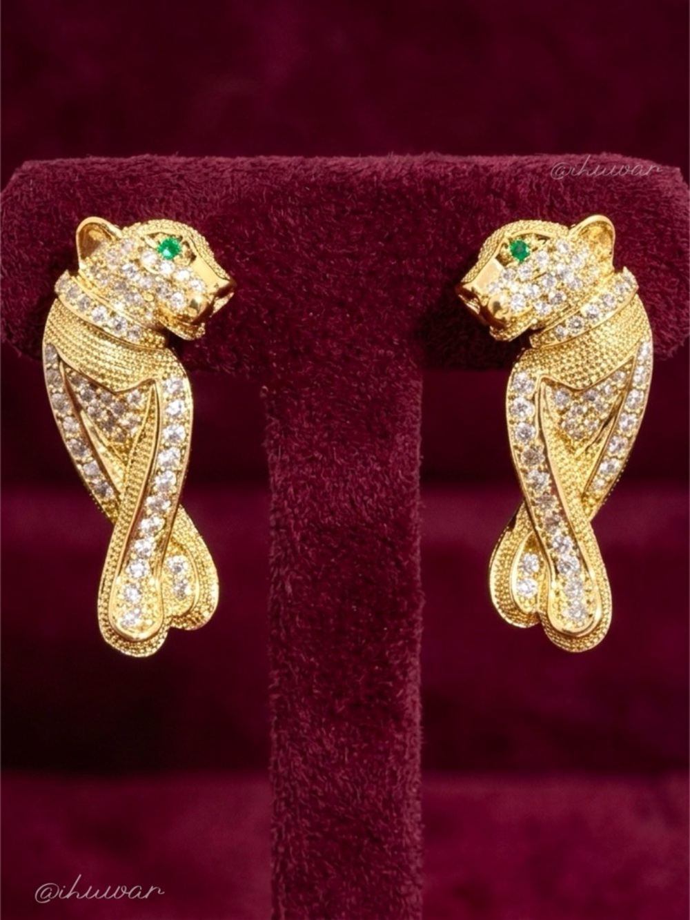 Luxurious 14k Gold Plated Panther Emerald Green Cubic Zirconia Earrings